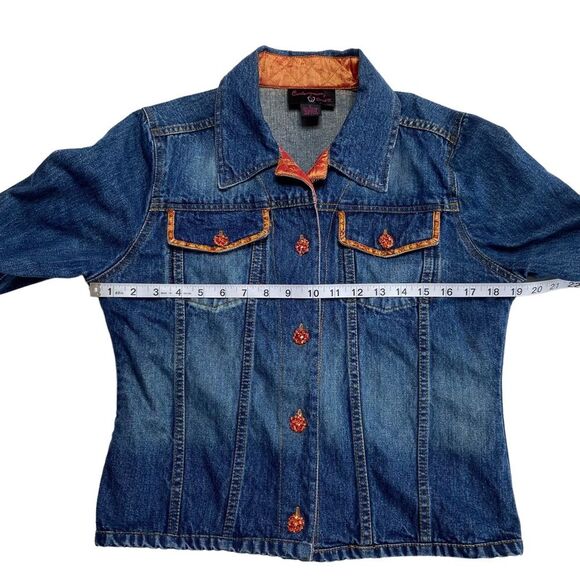 Vintage Bohemian Orange Jewel Button Blue Denim Trucker Jacket Sz S - Picture 8 of 16